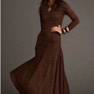Brown Lace Long Sleeve Maxi Dress M